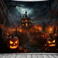 Halloween Decorations Tapestry Jack O Lantern Pumpkin Decor Wall Art Large Hanging Tapestry Mural Photograph Backdrop Blanket Curtain Home Bedroom Living Room Bats Haunted House Graveyard