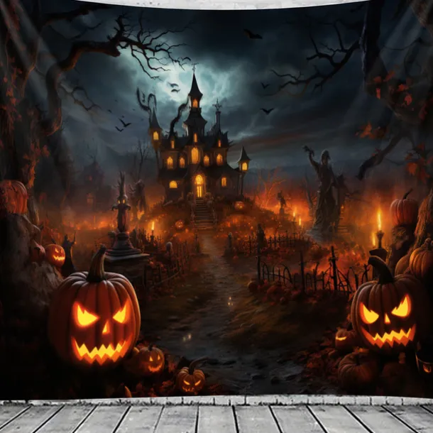Halloween Decorations Tapestry Jack O Lantern Pumpkin Decor Wall Art Large Hanging Tapestry Mural Photograph Backdrop Blanket Curtain Home Bedroom Living Room Bats Haunted House Graveyard