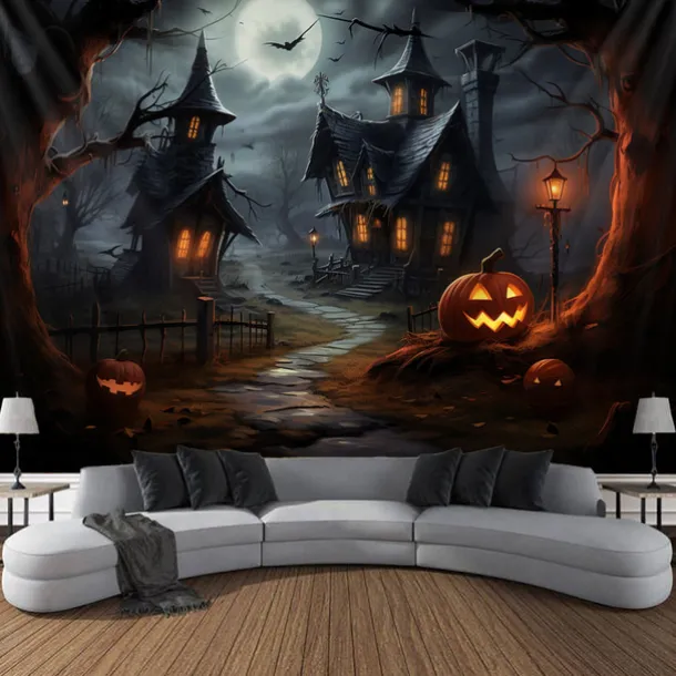 Halloween Decorations Tapestry Jack O Lantern Pumpkin Decor Wall Art Large Hanging Tapestry Mural Photograph Backdrop Blanket Curtain Home Bedroom Living Room Bats Haunted House Graveyard
