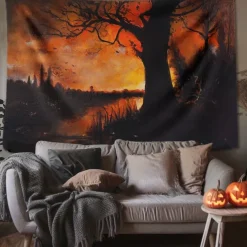 Halloween Decorations Tapestry Jack O Lantern Pumpkin Decor Wall Art Large Hanging Tapestry Mural Decor Photograph Backdrop Blanket Curtain Home Bedroom Living Room Skull Skeleton Bat Graveyard