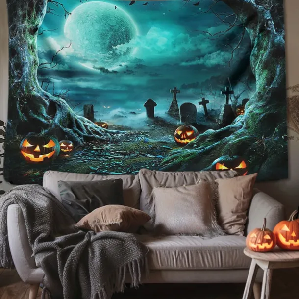 Halloween Decorations Tapestry Jack O Lantern Pumpkin Decor Wall Art Large Hanging Tapestry Mural Decor Photograph Backdrop Blanket Curtain Home Bedroom Living Room Skull Skeleton Bat Graveyard
