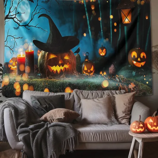 Halloween Decorations Tapestry Jack O Lantern Pumpkin Decor Wall Art Large Hanging Tapestry Mural Decor Photograph Backdrop Blanket Curtain Home Bedroom Living Room Skull Skeleton Bat Graveyard