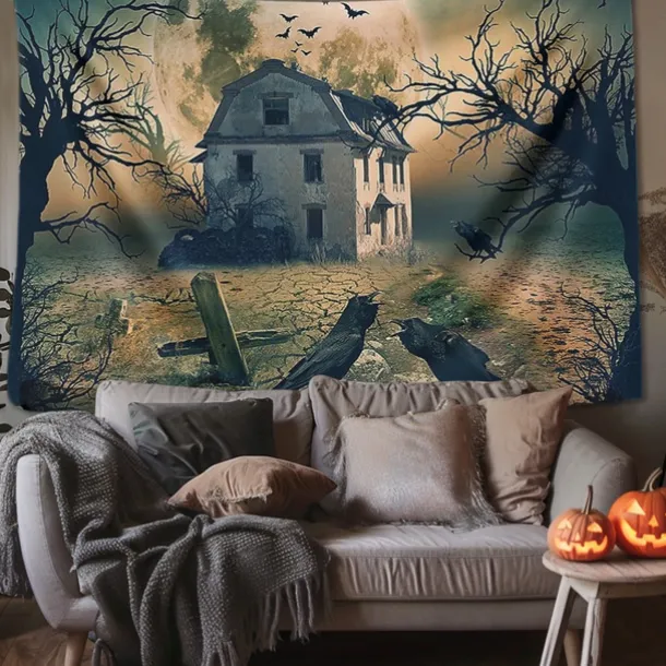Halloween Decorations Tapestry Jack O Lantern Pumpkin Decor Wall Art Large Hanging Tapestry Mural Decor Photograph Backdrop Blanket Curtain Home Bedroom Living Room Skull Skeleton Bat Graveyard