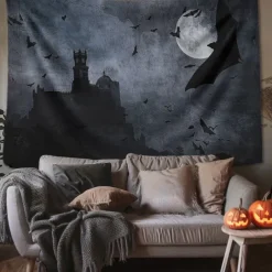 Halloween Decorations Tapestry Jack O Lantern Pumpkin Decor Wall Art Large Hanging Tapestry Mural Decor Photograph Backdrop Blanket Curtain Home Bedroom Living Room Skull Skeleton Bat Graveyard