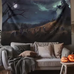Halloween Decorations Tapestry Jack O Lantern Pumpkin Decor Wall Art Large Hanging Tapestry Mural Decor Photograph Backdrop Blanket Curtain Home Bedroom Living Room Skull Skeleton Bat Graveyard