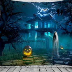 Halloween Decorations Tapestry Jack O Lantern Pumpkin Decor Wall Art Large Hanging Tapestry Mural Decor Photograph Backdrop Blanket Curtain Home Bedroom Living Room Bat Haunted House Graveyard