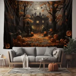 Halloween Decorations Tapestry Jack O Lantern Pumpkin Decor Wall Art Large Hanging Tapestry Mural Photograph Backdrop Blanket Curtain Home Bedroom Living Room Bats Haunted House Graveyard
