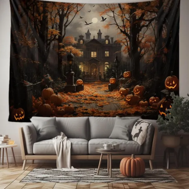 Halloween Decorations Tapestry Jack O Lantern Pumpkin Decor Wall Art Large Hanging Tapestry Mural Photograph Backdrop Blanket Curtain Home Bedroom Living Room Bats Haunted House Graveyard