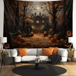 Halloween Decorations Tapestry Jack O Lantern Pumpkin Decor Wall Art Large Hanging Tapestry Mural Photograph Backdrop Blanket Curtain Home Bedroom Living Room Bats Haunted House Graveyard