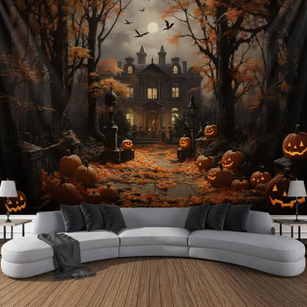 Halloween Decorations Tapestry Jack O Lantern Pumpkin Decor Wall Art Large Hanging Tapestry Mural Photograph Backdrop Blanket Curtain Home Bedroom Living Room Bats Haunted House Graveyard