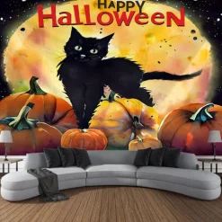 Halloween Decorations Tapestry Jack O Lantern Pumpkin Decor Wall Art Large Hanging Tapestry Mural Photograph Backdrop Blanket Curtain Home Bedroom Living Room Bats Haunted House Graveyard