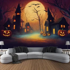 Halloween Decorations Tapestry Jack O Lantern Pumpkin Decor Wall Art Large Hanging Tapestry Mural Photograph Backdrop Blanket Curtain Home Bedroom Living Room Bats Haunted House Graveyard