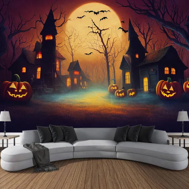 Halloween Decorations Tapestry Jack O Lantern Pumpkin Decor Wall Art Large Hanging Tapestry Mural Photograph Backdrop Blanket Curtain Home Bedroom Living Room Bats Haunted House Graveyard