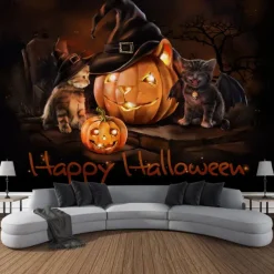 Halloween Decorations Tapestry Jack O Lantern Pumpkin Decor Wall Art Large Hanging Tapestry Mural Photograph Backdrop Blanket Curtain Home Bedroom Living Room Bats Haunted House Graveyard