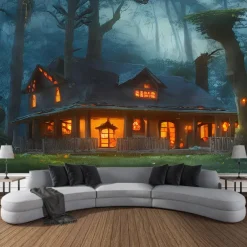 Halloween Decorations Tapestry Jack O Lantern Pumpkin Decor Wall Art Large Hanging Tapestry Mural Photograph Backdrop Blanket Curtain Home Bedroom Living Room Bats Haunted House Graveyard