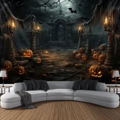 Halloween Decorations Tapestry Jack O Lantern Pumpkin Decor Wall Art Large Hanging Tapestry Mural Decor Photograph Backdrop Blanket Curtain Home Bedroom Living Room Bat Haunted House Graveyard