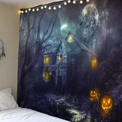 Halloween Decorations Tapestry Jack O Lantern Pumpkin Decor Wall Art Large Hanging Tapestry Mural Decor Photograph Backdrop Blanket Curtain Home Bedroom Living Room Bat Haunted House Graveyard