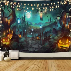 Halloween Decorations Tapestry Jack O Lantern Pumpkin Decor Wall Art Large Hanging Tapestry Mural Decor Photograph Backdrop Blanket Curtain Home Bedroom Living Room Bat Haunted House Graveyard