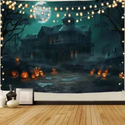 Halloween Decorations Tapestry Jack O Lantern Pumpkin Decor Wall Art Large Hanging Tapestry Mural Decor Photograph Backdrop Blanket Curtain Home Bedroom Living Room Bat Haunted House Graveyard