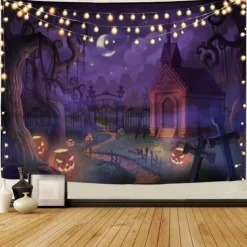 Halloween Decorations Tapestry Jack O Lantern Pumpkin Decor Wall Art Large Hanging Tapestry Mural Decor Photograph Backdrop Blanket Curtain Home Bedroom Living Room Bat Haunted House Graveyard
