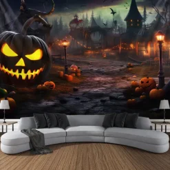 Halloween Decorations Tapestry Jack O Lantern Pumpkin Decor Wall Art Large Hanging Tapestry Mural Decor Photograph Backdrop Blanket Curtain Home Bedroom Living Room Bat Haunted House Graveyard