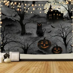 Halloween Decorations Tapestry Jack O Lantern Pumpkin Decor Wall Art Large Hanging Tapestry Mural Decor Photograph Backdrop Blanket Curtain Home Bedroom Living Room Bat Haunted House Graveyard