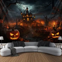 Halloween Decorations Tapestry Jack O Lantern Pumpkin Decor Wall Art Large Hanging Tapestry Mural Decor Photograph Backdrop Blanket Curtain Home Bedroom Living Room Bat Haunted House Graveyard