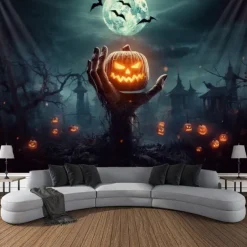 Halloween Decorations Tapestry Jack O Lantern Pumpkin Decor Wall Art Large Hanging Tapestry Mural Decor Photograph Backdrop Blanket Curtain Home Bedroom Living Room Bat Haunted House Graveyard