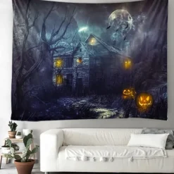 Halloween Decorations Tapestry Jack O Lantern Pumpkin Decor Wall Art Large Hanging Tapestry Mural Decor Photograph Backdrop Blanket Curtain Home Bedroom Living Room Bat Haunted House Graveyard