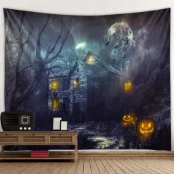 Halloween Decorations Tapestry Jack O Lantern Pumpkin Decor Wall Art Large Hanging Tapestry Mural Decor Photograph Backdrop Blanket Curtain Home Bedroom Living Room Bat Haunted House Graveyard