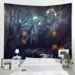 Halloween Decorations Tapestry Jack O Lantern Pumpkin Decor Wall Art Large Hanging Tapestry Mural Decor Photograph Backdrop Blanket Curtain Home Bedroom Living Room Bat Haunted House Graveyard