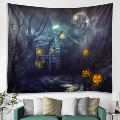 Halloween Decorations Tapestry Jack O Lantern Pumpkin Decor Wall Art Large Hanging Tapestry Mural Decor Photograph Backdrop Blanket Curtain Home Bedroom Living Room Bat Haunted House Graveyard
