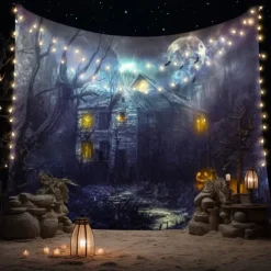Halloween Decorations Tapestry Jack O Lantern Pumpkin Decor Wall Art Large Hanging Tapestry Mural Decor Photograph Backdrop Blanket Curtain Home Bedroom Living Room Bat Haunted House Graveyard