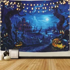 Halloween Decorations Tapestry Jack O Lantern Pumpkin Decor Wall Art Large Hanging Tapestry Mural Decor Photograph Backdrop Blanket Curtain Home Bedroom Living Room Bat Haunted House Graveyard