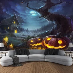 Halloween Decorations Tapestry Jack O Lantern Pumpkin Decor Wall Art Large Hanging Tapestry Mural Decor Photograph Backdrop Blanket Curtain Home Bedroom Living Room Bat Haunted House Graveyard