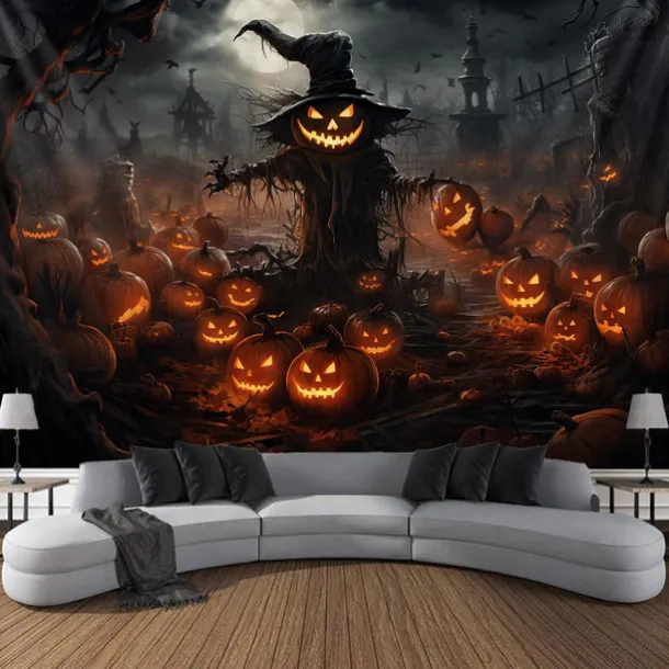 Halloween Decorations Tapestry Jack O Lantern Pumpkin Decor Wall Art Large Hanging Tapestry Mural Photograph Backdrop Blanket Curtain Home Bedroom Living Room Scarecrow Haunted House Graveyard