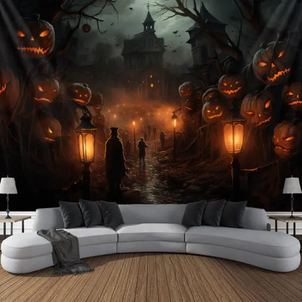 Halloween Decorations Tapestry Jack O Lantern Pumpkin Decor Wall Art Large Hanging Tapestry Mural Photograph Backdrop Blanket Curtain Home Bedroom Living Room Scarecrow Haunted House Graveyard