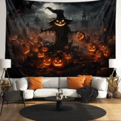 Halloween Decorations Tapestry Jack O Lantern Pumpkin Decor Wall Art Large Hanging Tapestry Mural Photograph Backdrop Blanket Curtain Home Bedroom Living Room Scarecrow Haunted House Graveyard