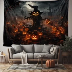 Halloween Decorations Tapestry Jack O Lantern Pumpkin Decor Wall Art Large Hanging Tapestry Mural Photograph Backdrop Blanket Curtain Home Bedroom Living Room Scarecrow Haunted House Graveyard