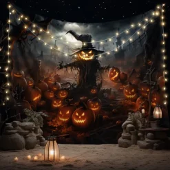 Halloween Decorations Tapestry Jack O Lantern Pumpkin Decor Wall Art Large Hanging Tapestry Mural Photograph Backdrop Blanket Curtain Home Bedroom Living Room Scarecrow Haunted House Graveyard