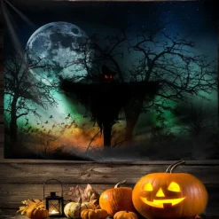 Halloween Decorations Tapestry Jack O Lantern Pumpkin Decor Wall Art Large Hanging Tapestry Mural Decor Photograph Backdrop Blanket Curtain Home Bedroom Living Room Bat Haunted House Graveyard