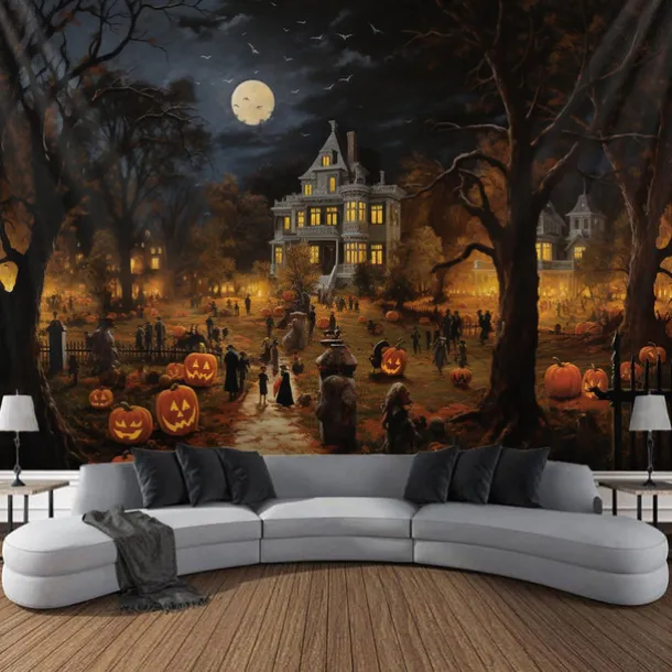 Halloween Decorations Tapestry Jack O Lantern Pumpkin Decor Wall Art Large Hanging Tapestry Mural Photograph Backdrop Blanket Curtain Home Bedroom Living Room Bats Haunted House Graveyard