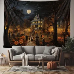 Halloween Decorations Tapestry Jack O Lantern Pumpkin Decor Wall Art Large Hanging Tapestry Mural Photograph Backdrop Blanket Curtain Home Bedroom Living Room Bats Haunted House Graveyard