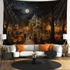 Halloween Decorations Tapestry Jack O Lantern Pumpkin Decor Wall Art Large Hanging Tapestry Mural Photograph Backdrop Blanket Curtain Home Bedroom Living Room Bats Haunted House Graveyard