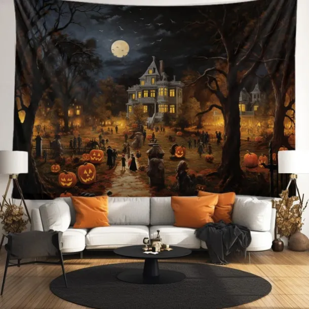 Halloween Decorations Tapestry Jack O Lantern Pumpkin Decor Wall Art Large Hanging Tapestry Mural Photograph Backdrop Blanket Curtain Home Bedroom Living Room Bats Haunted House Graveyard