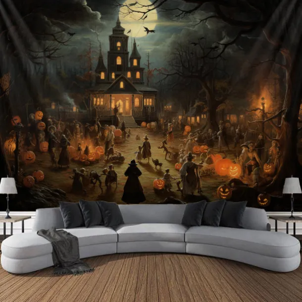 Halloween Decorations Tapestry Jack O Lantern Pumpkin Decor Wall Art Large Hanging Tapestry Mural Photograph Backdrop Blanket Curtain Home Bedroom Living Room Bats Haunted House Graveyard