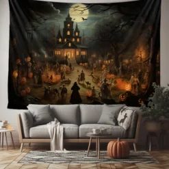 Halloween Decorations Tapestry Jack O Lantern Pumpkin Decor Wall Art Large Hanging Tapestry Mural Photograph Backdrop Blanket Curtain Home Bedroom Living Room Bats Haunted House Graveyard