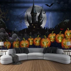 Halloween Decorations Tapestry Jack O Lantern Pumpkin Decor Wall Art Large Hanging Tapestry Mural Photograph Backdrop Blanket Curtain Home Bedroom Living Room Bats Haunted House Graveyard