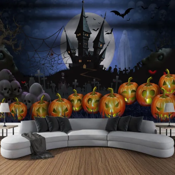 Halloween Decorations Tapestry Jack O Lantern Pumpkin Decor Wall Art Large Hanging Tapestry Mural Photograph Backdrop Blanket Curtain Home Bedroom Living Room Bats Haunted House Graveyard