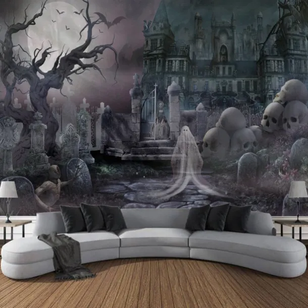 Halloween Decorations Tapestry Jack O Lantern Pumpkin Decor Wall Art Large Hanging Tapestry Mural Photograph Backdrop Blanket Curtain Home Bedroom Living Room Bats Haunted House Graveyard